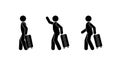 Stick figure traveler, tourist icon with a suitcase, set of people silhouettes carrying bags, human silhouette