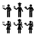 Stick figure waiter, waitress, chief cook man and woman vector icon pictogram set. Standing with champagne glasses, chicken food