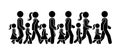 Stick figure walking group of people vector icon pictogram. Man, woman and children moving forward sequence set. Royalty Free Stock Photo