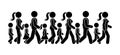 Stick figure walking group of people vector icon set. Man, woman and children moving forward sequence pictogram. Royalty Free Stock Photo