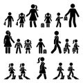 Stick figure walking kids with parents and backpack vector icon pictogram. Boy and girl on crosswalk going to school silhouette Royalty Free Stock Photo