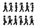 Stick figure walking man and woman vector icon pictogram. Group of people moving forward sequence set. Royalty Free Stock Photo