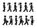 Stick figure walking man and woman vector icon set. Group of people moving forward sequence pictogram. Royalty Free Stock Photo