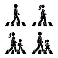 Stick figure walking pedestrian vector icon pictogram. Man, woman and children crossing road set.