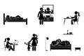 Stick figure woman activities vector icon. Sleep, brush teeth, eat, sit, work, study, play with kid, lay on sofa, listen to music