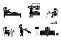 Stick figure woman activities vector. Sleep, drink coffee, wash face, eat, sit at desk, work, study, play, listen music on couch