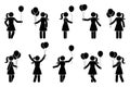 Stick figure woman with balloon birthday celebration vector icon people pictogram