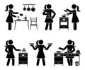 Stick figure woman cooking at home kitchen vector illustration set. Stickman person getting ready to eat icon pictogram Royalty Free Stock Photo