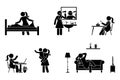 Stick figure woman everyday activities vector icon. Making bed, drying hair, eating, working, playing, resting, relaxing on sofa