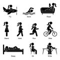 Stick figure woman flying, swimming, reading, standing, walking, going, running, riding, sleeping, sitting, writing vector set