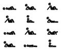 Stick figure woman lie down various positions vector illustration icon set. Female person sleeping, laying sitting on floor ground