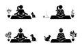 Stick figure woman meditates on yoga mat vector icon set. Stickman female in lotus pose sitting, relaxing at home pictogram