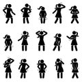 Stick figure woman multiple joint paints, headache, stomachache, knee, shoulder, elbow, heart, hip, back pain, sore muscles, ache Royalty Free Stock Photo