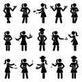 Stick figure woman, person with kitchen utensils vector set. Female cooking, baking, frying, mixing icon sign pictogram