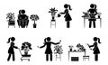 Stick figure woman planting home flowers vector set. Stick lady person taking care of houseplant icon pictogram