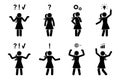 Stick figure woman problem solution concept vector illustration set. Creative idea insight icon silhouette pictogram