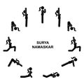 Stick figure woman sequence poses of sun salutation surya namaskar vector illustration yoga icon set