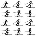 Stick figure woman skiing sequence poses icon vector pictogram set. Winter sport girl stickman on ski posture silhouette