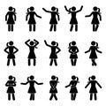 Stick figure woman standing front view different poses vector icon pictogram set. Black and white cut out people human silhouette