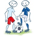 Stick figures as soccer players in white-red and blue