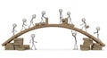 Stick Figures Constructing A Bridge Of Wooden Blocks on White Background in Eye Level View Symbolizing Teamwork Collaboration and Royalty Free Stock Photo