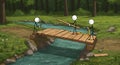 Stick Figures Constructing a Wooden Bridge Over a Stream in a Lush Green Forest with Detailed Textures and Pixelated Visuals Royalty Free Stock Photo
