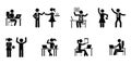 Stick figures depict various office activities including working at desks celebrating success collaborating and using technology Royalty Free Stock Photo