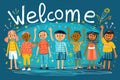 Stick figures holding the word Welcome. Illustrated banner with the text Welcome Royalty Free Stock Photo