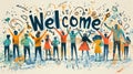 Stick figures holding the word Welcome. Illustrated banner with the text Welcome Royalty Free Stock Photo