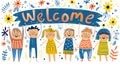 Stick figures holding the word Welcome. Illustrated banner with the text Welcome Royalty Free Stock Photo