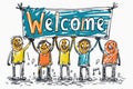 Stick figures holding the word Welcome. Illustrated banner with the text Welcome Royalty Free Stock Photo