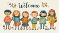 Stick figures holding the word Welcome. Illustrated banner with the text Welcome Royalty Free Stock Photo