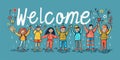 Stick figures holding the word Welcome. Illustrated banner with the text Welcome Royalty Free Stock Photo