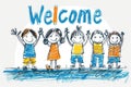 Stick figures holding the word Welcome. Illustrated banner with the text Welcome Royalty Free Stock Photo