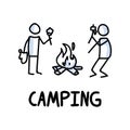 Stick figures icon of outdoor camping. Holiday pictogram with text