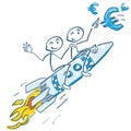 Stick figures on a rocket and flying Euros Royalty Free Stock Photo