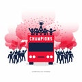 Stick Figures of The Winner Cup Soccer or Football Champions Celebration on the Open Top Buses with Red Smoke Flare.