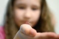 Stick insect cub on childÃ¢â¬â¢s hand, little girl showing her cute pet