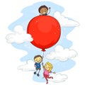 Stick Kids Hanging on Red Balloon