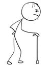 Stick Man Cartoon of Old Man Walking with Cane