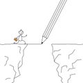 Stick man crossing the cliffs with a pencil drawing the bridge