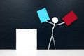 Stick man figure holding red and blue paper ballot beside a vote box. US presidential election democrat versus republican.