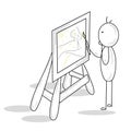 Stick man figure is learning how to draw landscape on easel with brush with yellow paint. Artist is painting masterpiece with grey