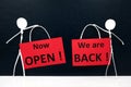 Stick man figures holding We are Back and Now Open red signage. Business and shop reopening after covid-19 pandemic concept. Royalty Free Stock Photo