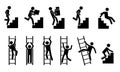 Stick man go up. Black pictograms of people climbing on staircase and ladder, stickman silhouettes. Vector movement and Royalty Free Stock Photo