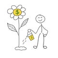 Stick man money investment concept. Investment pays off. Stickman watering flower where money grow