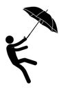 Stick man, person with an umbrella is carried by a strong wind, he cannot stay on his feet. Health protection in bad rainy weather