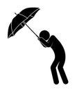 Stick man, person with an umbrella is protected from strong wind and bad weather, cannot stay on his feet. Health protection in