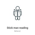 Stick man reading outline vector icon. Thin line black stick man reading icon, flat vector simple element illustration from Royalty Free Stock Photo