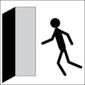 Stick man runs to the exit, icons warn of an emergency exit